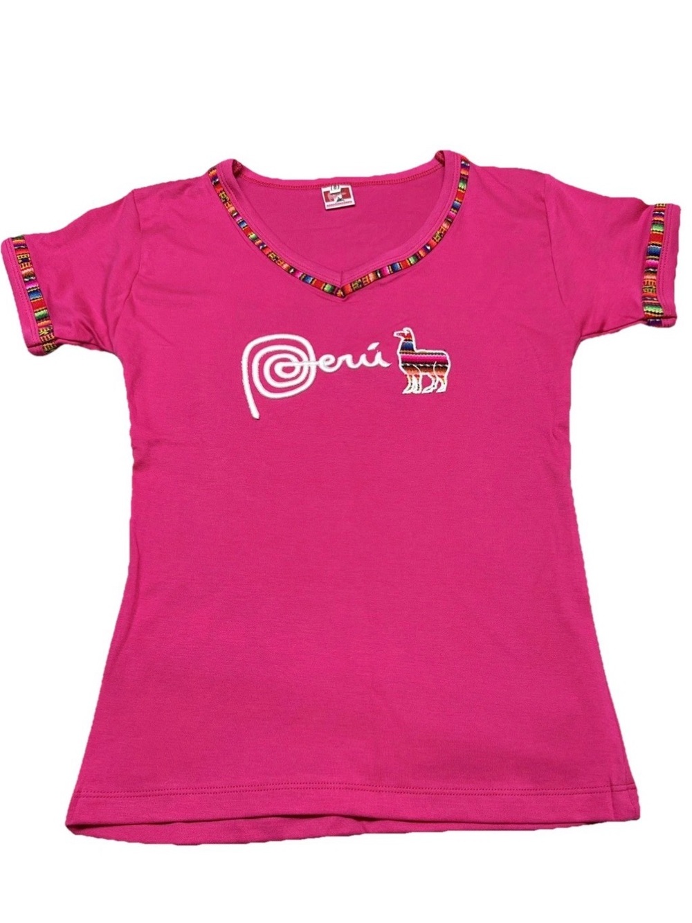 Peru Llama Souvenir T-Shirt Pink V-Neck Boho Embroidered Andean Trim Small